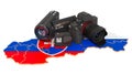 Travel and photo, video shooting in Slovakia. Digital camera, camcorder and action camera on Slovak map. 3D rendering