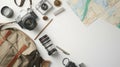 Travel photography essentials neatly arranged with space for planning and notes
