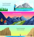Travel photography flat vector illustration set, cartoon traveler photographer people hiking, shooting mountainous