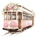 Travel pink train watercolor illustration, travel clipart