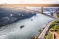 Travel Places Ideas. Lines of Boats and Porto Cityscape at Daytime with Ponte Infante D Henrique in Background in Portugal