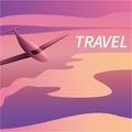 Travel on the plane of banners in a flat style against the background of sunrise or sunset. Passenger aircraft during