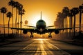 A Travel Plane Landing on the Runway. Background with Sunset, Palms, Mountains. Royalty Free Stock Photo