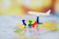 Travel planning with airplane destination points on a map pin / travel time or plan for travelling concept Royalty Free Stock Photo