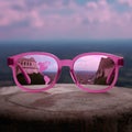 Travel planning concept. Ancient town and geographic map in reflections in pink glasses laying under cloudy sky. View on