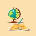 Travel planning. Map, globe and compass. Cartoon vector illustration