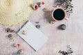 Travel planning notebook, hat, seashells and cup of coffee on table top view Royalty Free Stock Photo