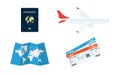 Travel Planning. Passport, airplane ticket, world map