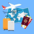 Travel Planning. Passport, airplane ticket, world map