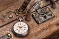 Travel with pocket watch ancient on a scratched leather suitcase in train station, ready for leaving