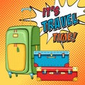 Travel pop art background with traveling bag and stack of suitcases