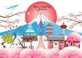 Travel postcard, tour advertising world famous landmarks of Japan - Vector illustration
