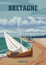 Travel poster Bretagne France, vintage sailboat, seascape sand seashore landscape