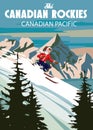 Travel poster Canadian Rockies Ski resort vintage. Canada winter landscape travel card