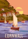 Travel Poster Cornwall, Vintage, South West England, United Kingdom. Travel poster coast, buikdings, sailboats, sunset Royalty Free Stock Photo