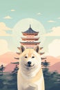 Travel poster with cute Akita dog and Japan pagoda.