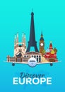 Travel poster. Discover Europe. Vacation. Trip to country. Travelling illustration. Modern flat.