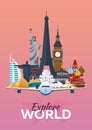 Travel poster. Explore world. Vacation. Trip to country. Travelling illustration. Modern flat.