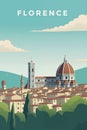 Travel poster of Florence with a view to Santa Maria del Fiore. Vertical design in minimalistic flat style