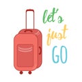 Travel poster with hand drawn suitcase and inspirational quote on the blurred map background. Let's go everywhere.