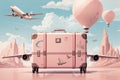 Travel Poster with a Plane, Landmark and Traveling luggage pastel color ai generated
