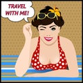 Travel poster with pop art winking woman