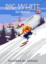 Travel poster Ski Big White resort vintage. Canada winter landscape travel card