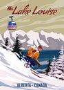 Travel poster Ski Canadian Lake Louise resort vintage. Canada winter landscape travel card