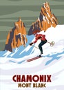 Travel poster Ski Chamonix resort vintage. France winter landscape travel card