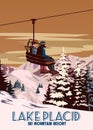 Travel poster Ski Lake Placid resort vintage. America winter landscape travel card