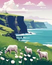 Travel poster with spectacular view at cliffs of Moher, Ireland. Ai generated image