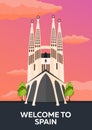 Travel Poster to Spain skyline. Sagrada Familia. Vector flat illustration. Royalty Free Stock Photo
