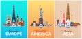 Travel posters to Europe, America, Asia. Vacation. Trip to country. Travelling illustration. Modern flat.