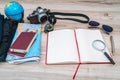 Travel preparation : compass, money, passport, road map ,sunglasses,magnifying glass ,camera ,cloth ,book on wooden table . Royalty Free Stock Photo