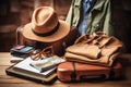 Travel preparation. Photo of suitcase, hat and clothes on wooden table. There are also glasses, map and notebook on table Royalty Free Stock Photo