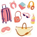 Travel preparation set. Luggage and necessary supplies for trip and traveling. Travel elements for women. Suitcase, Headphones , Royalty Free Stock Photo