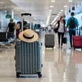 Travel Preparations Luggage and Hat in Busy Airport Terminal