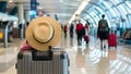 Travel Preparations Luggage and Hat in Busy Airport Terminal