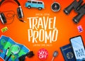 Travel Promo Ads Banner Up To 50% Off Special Offer with Vector 3D Realistic Traveling Item Elements Royalty Free Stock Photo