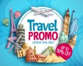 Travel promo vector banner design with world`s famous tourist landmarks