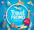 Travel promo vector banner promotion design with tourist destinations