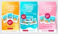 Travel promo vector poster set design. Travel tour text with package discount sale collection in worldwide destination background.