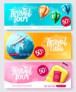 Travel promo vector poster set design. Travel tour sale text collection in exclusive package discount with worldwide tourist.