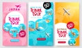 Travel promo vector poster set design. Travel tour text with worldwide travelling package discount for exclusive deal offer.