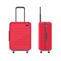 Travel red luggage suitcase trolley bag with handle vector isolated clipart in flat cartoon design, plastic case for Royalty Free Stock Photo