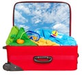 Travel red suitcase packed for summer vacation