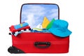 Travel red suitcase packed for vacation Royalty Free Stock Photo