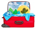 Travel red suitcase packed for vacation, Tropical beach