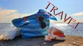 Travel Relaxing seascape blue sky with wide seashell on rock horizon of the sky and the seaTravel summer holiday with seashell