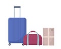 Travel or relocation. Suitcase, bag and box on white background